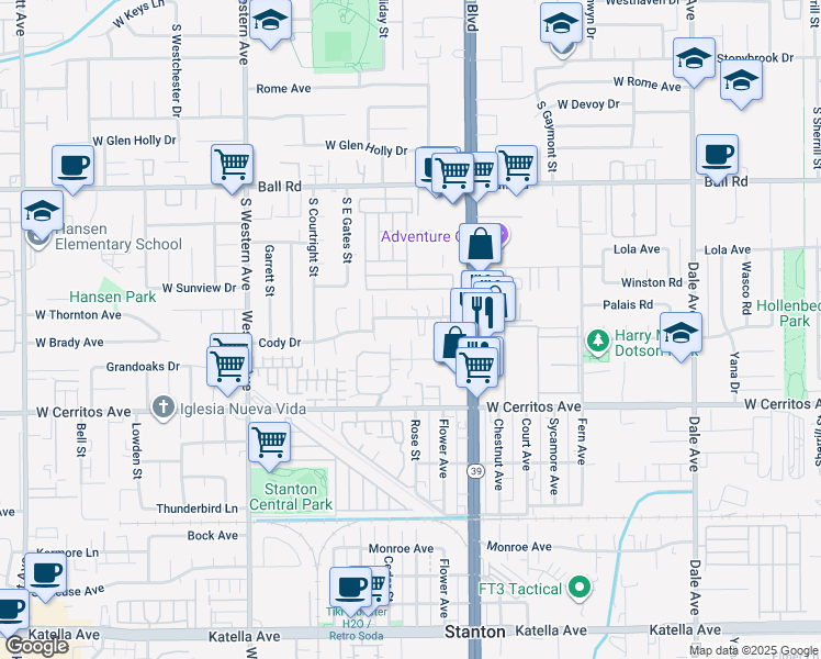 map of restaurants, bars, coffee shops, grocery stores, and more near 7850 2nd Street in Stanton