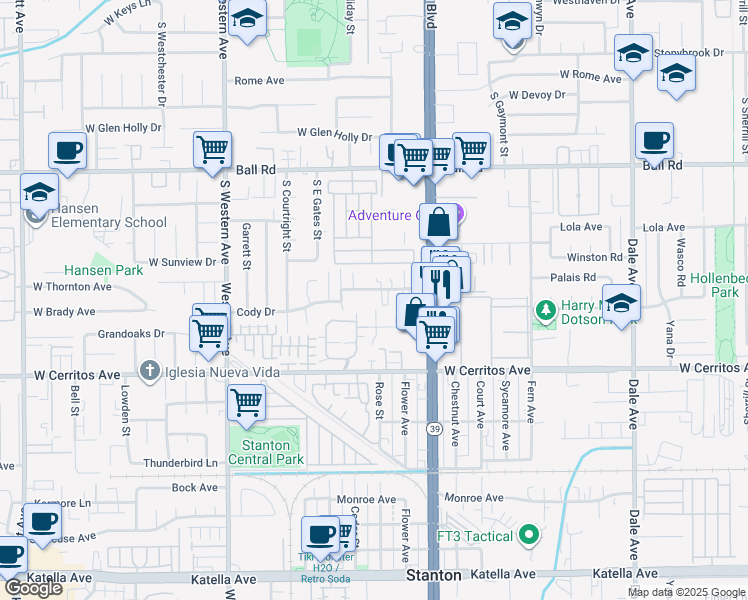 map of restaurants, bars, coffee shops, grocery stores, and more near 7830 2nd Street in Stanton
