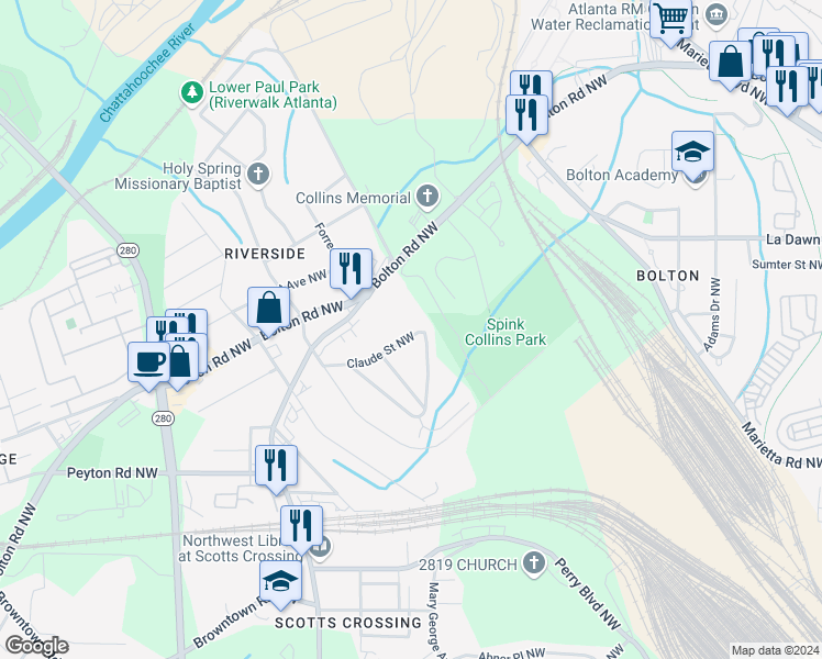 map of restaurants, bars, coffee shops, grocery stores, and more near 2105 Claude Street Northwest in Atlanta