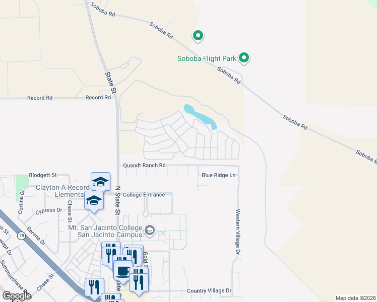 map of restaurants, bars, coffee shops, grocery stores, and more near 21100 State Street in San Jacinto