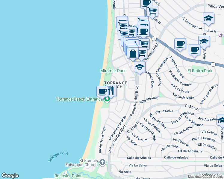 map of restaurants, bars, coffee shops, grocery stores, and more near 328 Paseo De La Playa in Redondo Beach