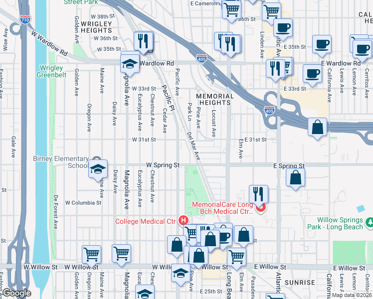 map of restaurants, bars, coffee shops, grocery stores, and more near 113 West Spring Street in Long Beach