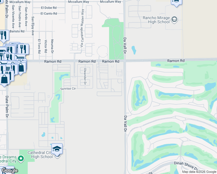 map of restaurants, bars, coffee shops, grocery stores, and more near 69801 Ramon Road in Cathedral City