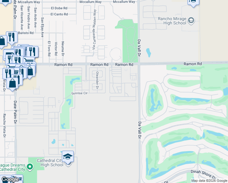 map of restaurants, bars, coffee shops, grocery stores, and more near 69801 Ramon Road in Cathedral City