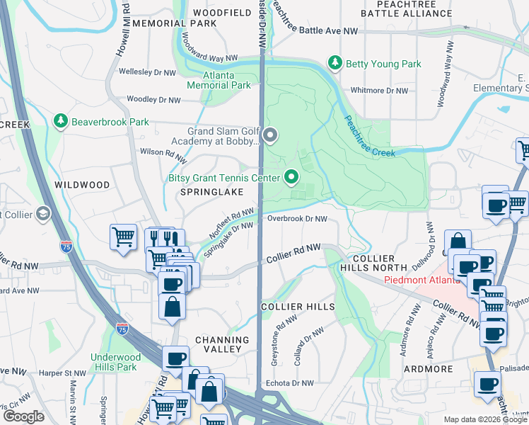 map of restaurants, bars, coffee shops, grocery stores, and more near 615 Norfleet Road Northwest in Atlanta