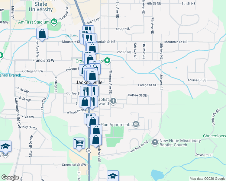 map of restaurants, bars, coffee shops, grocery stores, and more near 406 Thomas Avenue Southeast in Jacksonville