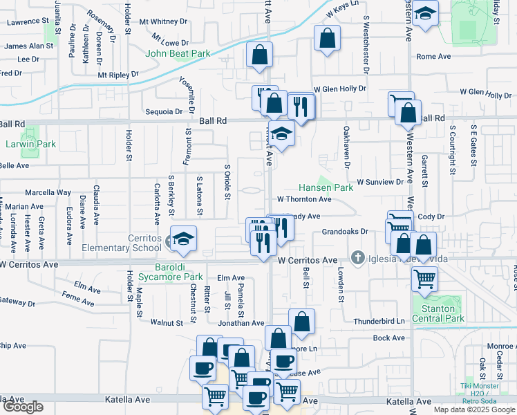 map of restaurants, bars, coffee shops, grocery stores, and more near 3509 West Greentree Circle in Anaheim