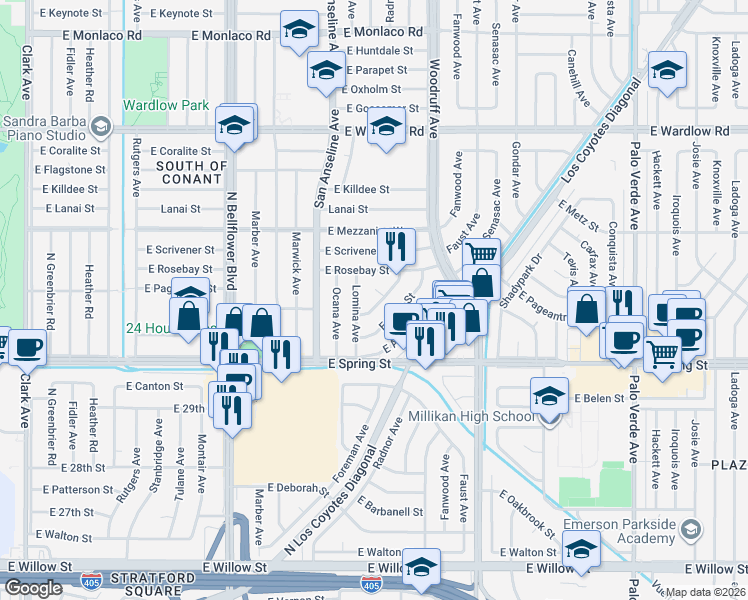 map of restaurants, bars, coffee shops, grocery stores, and more near 5833 East Pageantry Street in Long Beach