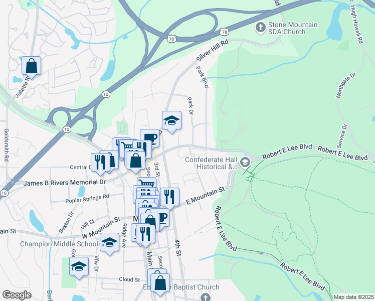 map of restaurants, bars, coffee shops, grocery stores, and more near 6751 James B Rivers Memorial Drive in Stone Mountain