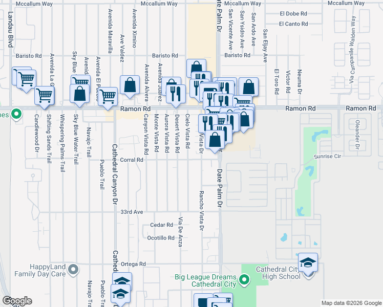 map of restaurants, bars, coffee shops, grocery stores, and more near 32420 Cielo Vista Road in Cathedral City