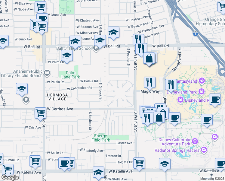 map of restaurants, bars, coffee shops, grocery stores, and more near 1363 South Walnut Street in Anaheim