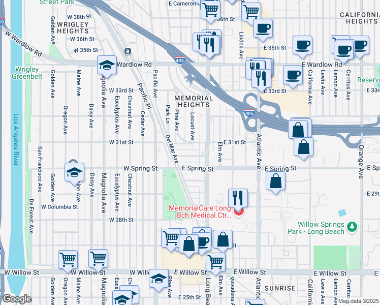 map of restaurants, bars, coffee shops, grocery stores, and more near 165 East Eldridge Street in Long Beach
