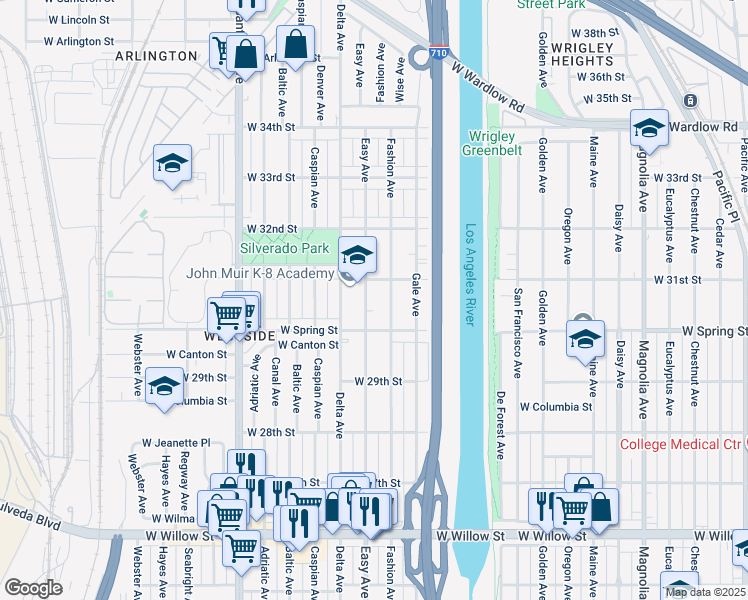 map of restaurants, bars, coffee shops, grocery stores, and more near 3054 Easy Avenue in Long Beach