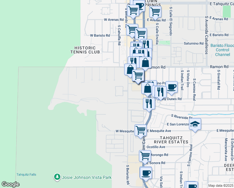 map of restaurants, bars, coffee shops, grocery stores, and more near 344 Big Canyon Drive South in Palm Springs