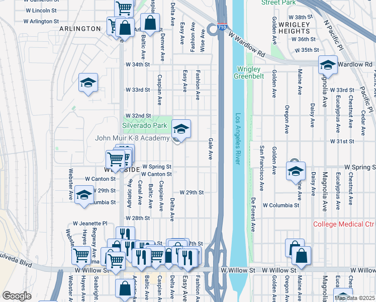 map of restaurants, bars, coffee shops, grocery stores, and more near 3054 Easy Avenue in Long Beach