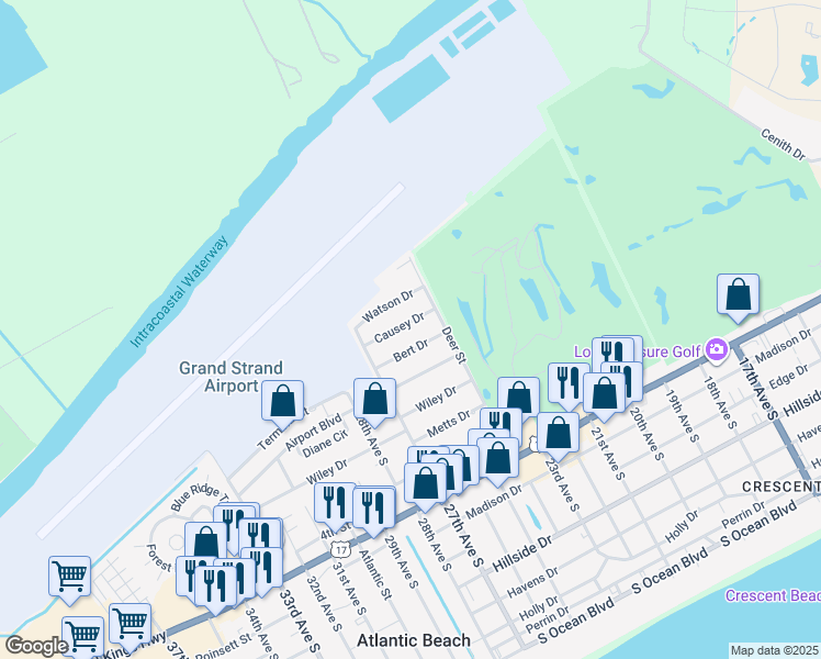 map of restaurants, bars, coffee shops, grocery stores, and more near 2410 Causey Drive in North Myrtle Beach