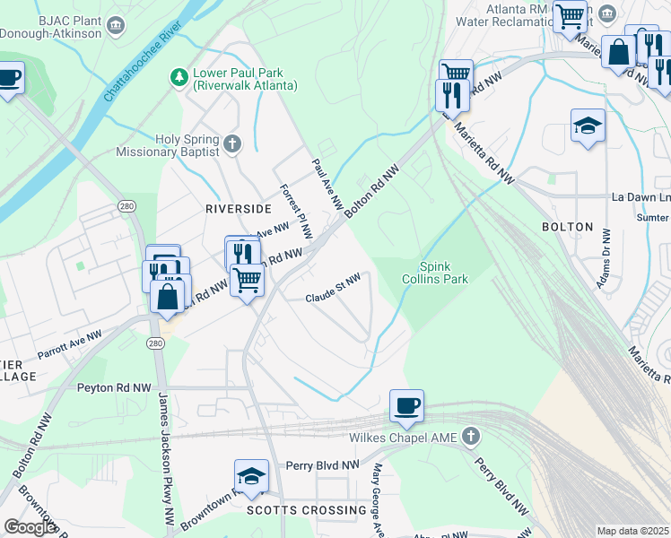 map of restaurants, bars, coffee shops, grocery stores, and more near 2121B Hollywood Road Northwest in Atlanta