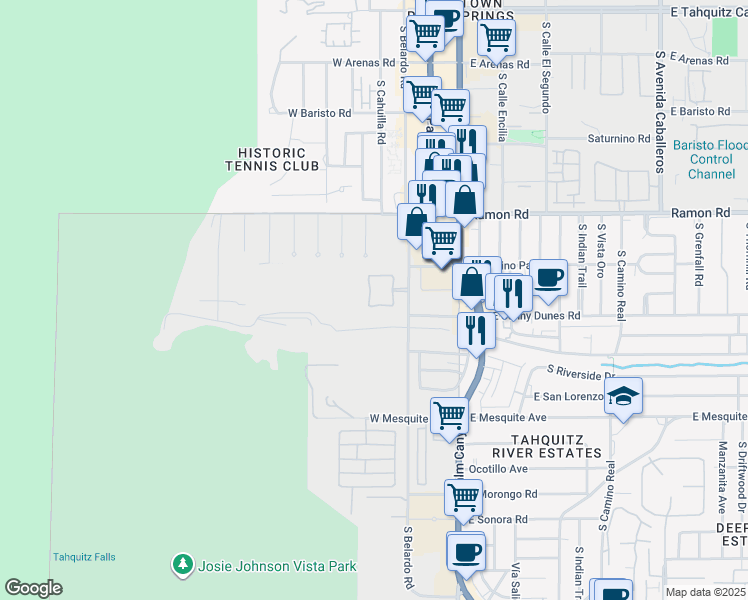 map of restaurants, bars, coffee shops, grocery stores, and more near 639 Big Canyon Drive South in Palm Springs