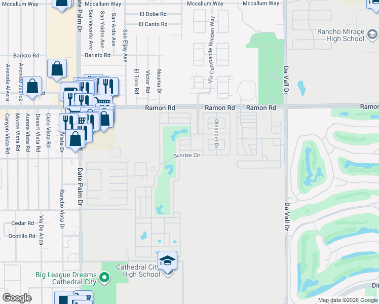 map of restaurants, bars, coffee shops, grocery stores, and more near 69411 Ramon Road in Cathedral City