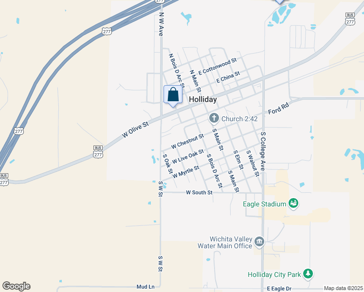 map of restaurants, bars, coffee shops, grocery stores, and more near 307 West Chestnut Street in Holliday