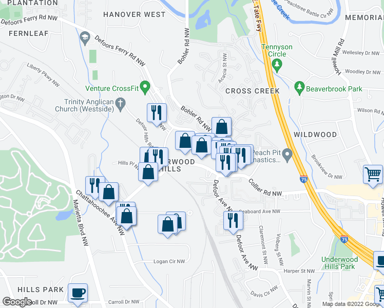 map of restaurants, bars, coffee shops, grocery stores, and more near 1255 Collier Road Northwest in Atlanta