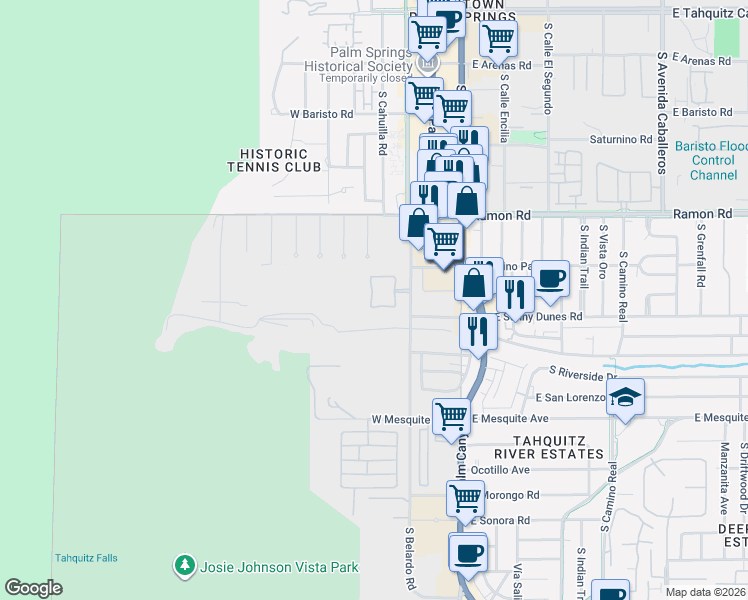 map of restaurants, bars, coffee shops, grocery stores, and more near 643 Big Canyon Drive West in Palm Springs