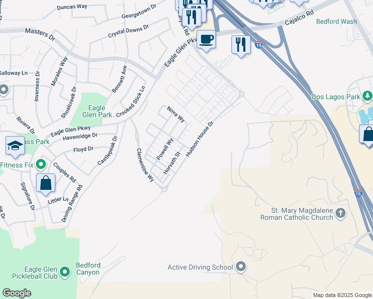 map of restaurants, bars, coffee shops, grocery stores, and more near 4125 Hudson House Drive in Corona