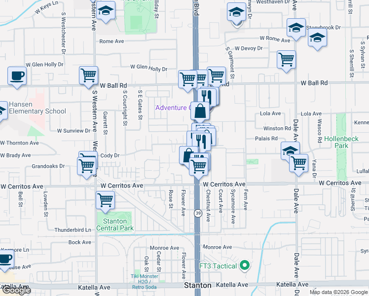 map of restaurants, bars, coffee shops, grocery stores, and more near 7912 2nd Street in Stanton