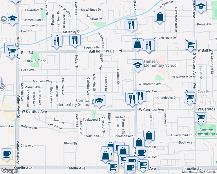map of restaurants, bars, coffee shops, grocery stores, and more near 1353 South Latona Street in Anaheim