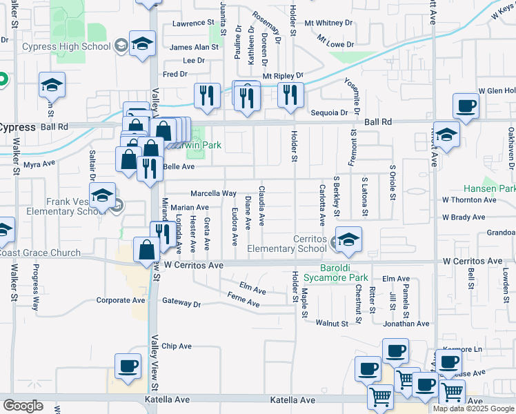 map of restaurants, bars, coffee shops, grocery stores, and more near 6401 Cecilia Circle in Buena Park