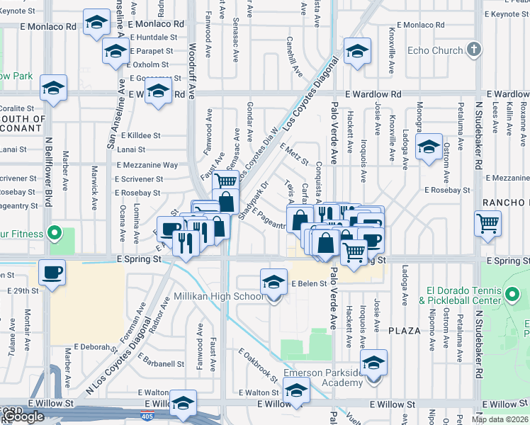 map of restaurants, bars, coffee shops, grocery stores, and more near 6136 East Rosebay Street in Long Beach