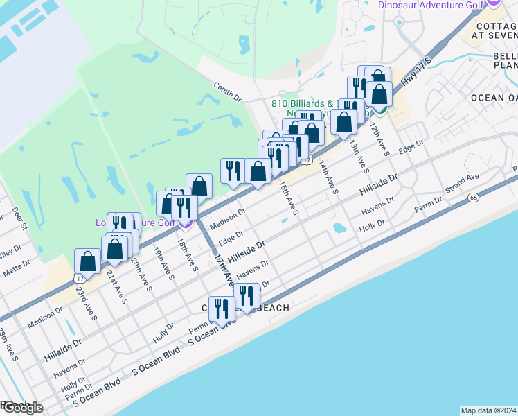 map of restaurants, bars, coffee shops, grocery stores, and more near 1535 Old Highway 17 North in North Myrtle Beach