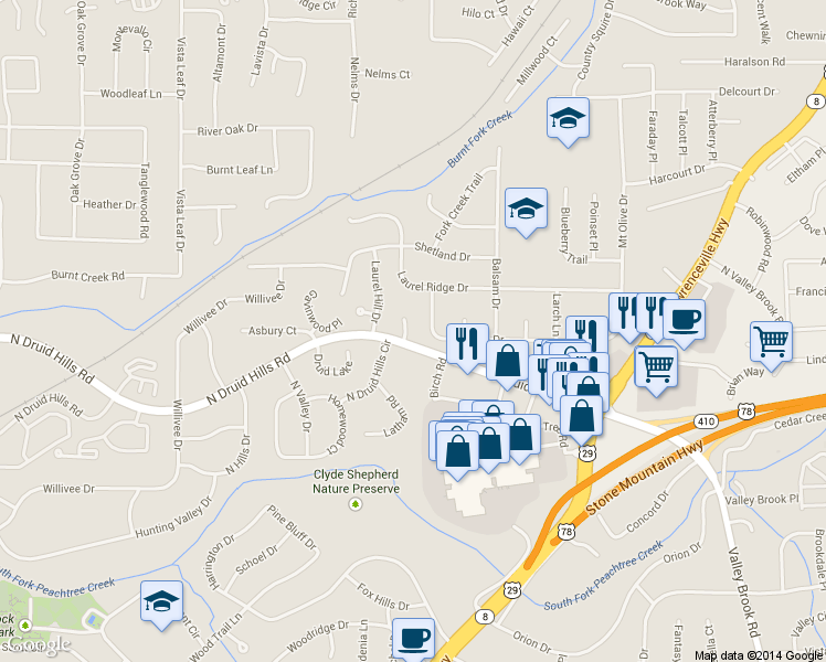 map of restaurants, bars, coffee shops, grocery stores, and more near 1173 Druid Walk in Decatur