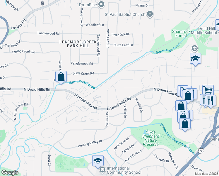 map of restaurants, bars, coffee shops, grocery stores, and more near 1338 Willivee Drive in Decatur