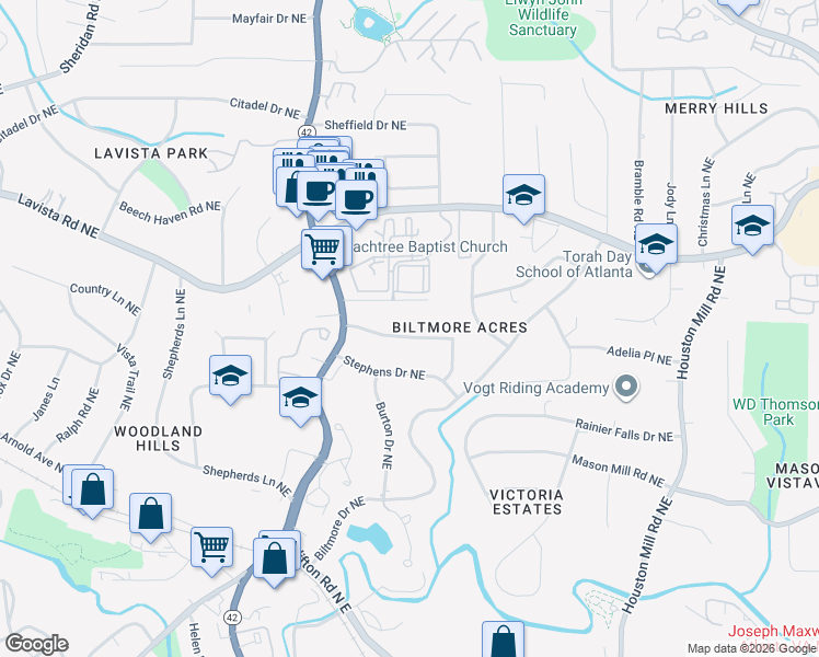 map of restaurants, bars, coffee shops, grocery stores, and more near 1416 Lively Ridge Road Northeast in Atlanta