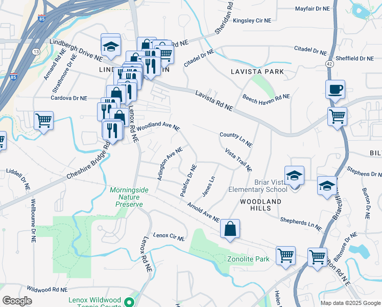 map of restaurants, bars, coffee shops, grocery stores, and more near 1271 Woodland Avenue Northeast in Atlanta