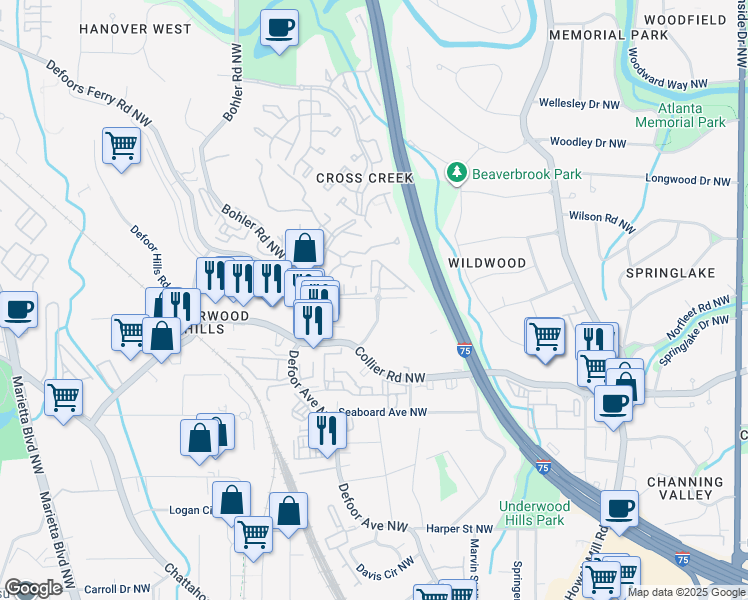 map of restaurants, bars, coffee shops, grocery stores, and more near 1134 Collier Hills Way in Atlanta