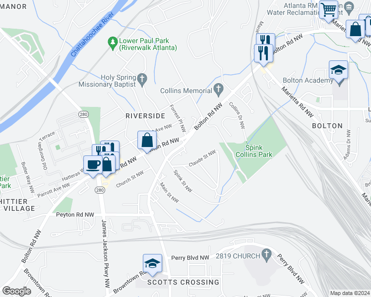 map of restaurants, bars, coffee shops, grocery stores, and more near 2127 Bolton Road Northwest in Atlanta