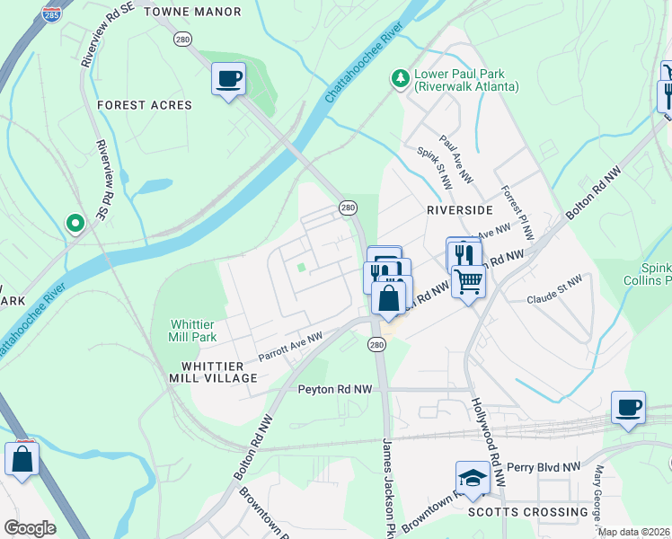 map of restaurants, bars, coffee shops, grocery stores, and more near 2076 Callaway Court in Atlanta