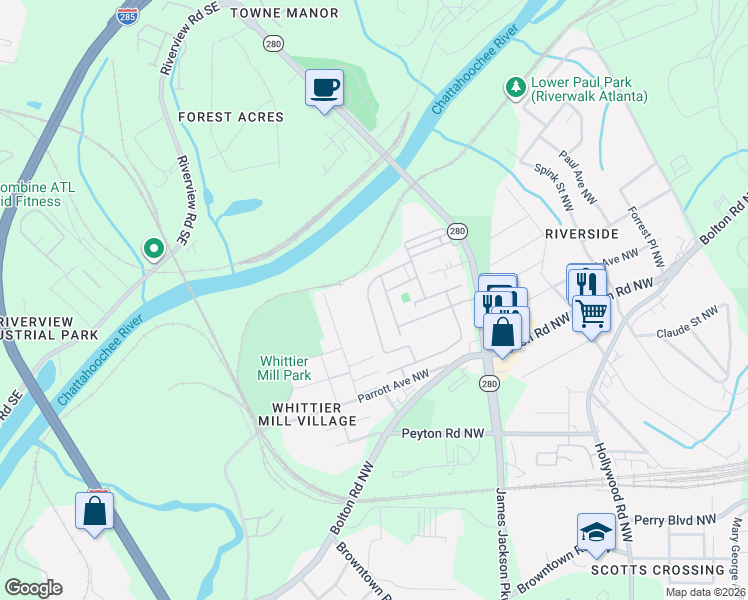 map of restaurants, bars, coffee shops, grocery stores, and more near 2103 Old Georgian Terrace in Atlanta