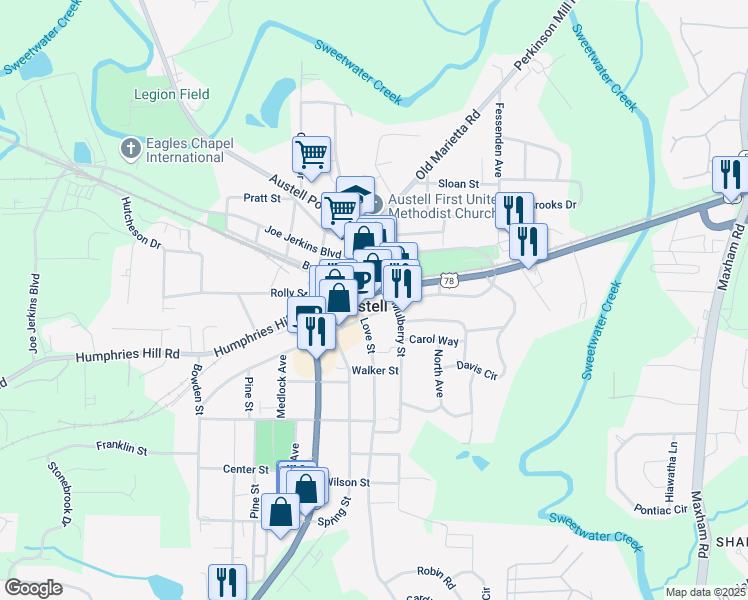 map of restaurants, bars, coffee shops, grocery stores, and more near 2745 Veterans Memorial Highway Southwest in Austell
