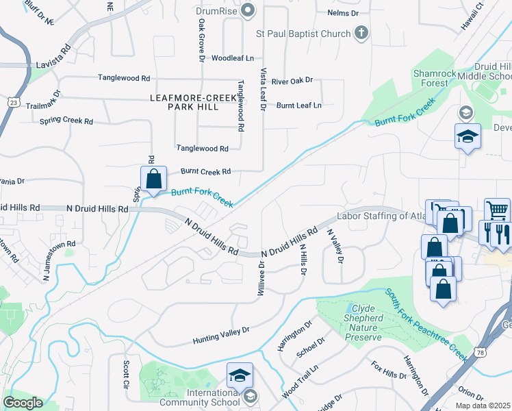 map of restaurants, bars, coffee shops, grocery stores, and more near 1338 Willivee Drive in Decatur