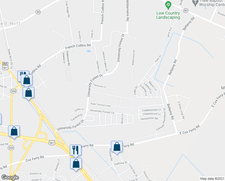 map of restaurants, bars, coffee shops, grocery stores, and more near 1656 Fairforest Court in Conway