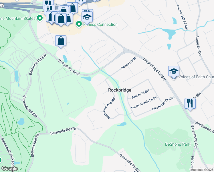 map of restaurants, bars, coffee shops, grocery stores, and more near 5354 Pounds Drive North in Stone Mountain