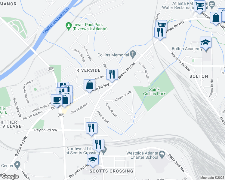map of restaurants, bars, coffee shops, grocery stores, and more near 2127 Bolton Road Northwest in Atlanta