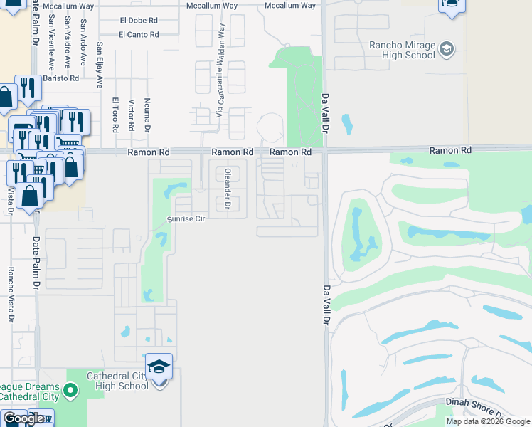 map of restaurants, bars, coffee shops, grocery stores, and more near 69801 Ramon Road in Cathedral City