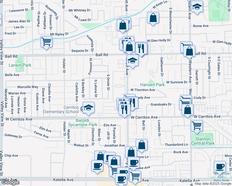 map of restaurants, bars, coffee shops, grocery stores, and more near 3582 West Stonepine Lane in Anaheim