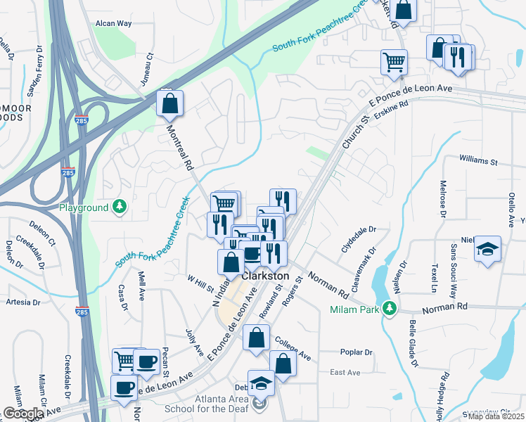 map of restaurants, bars, coffee shops, grocery stores, and more near 1174 Smith Street in Clarkston