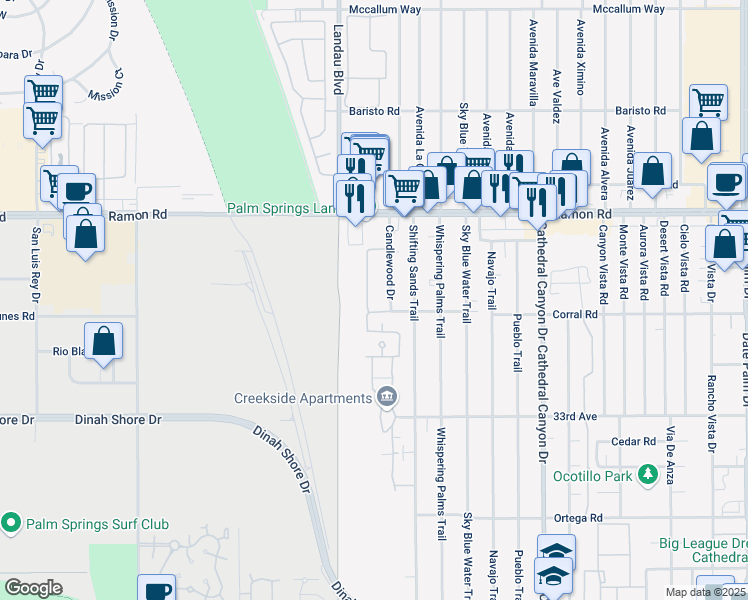 map of restaurants, bars, coffee shops, grocery stores, and more near 24 Mission Indian Trail in Cathedral City