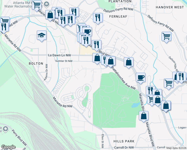map of restaurants, bars, coffee shops, grocery stores, and more near General Truman Street Northwest in Atlanta